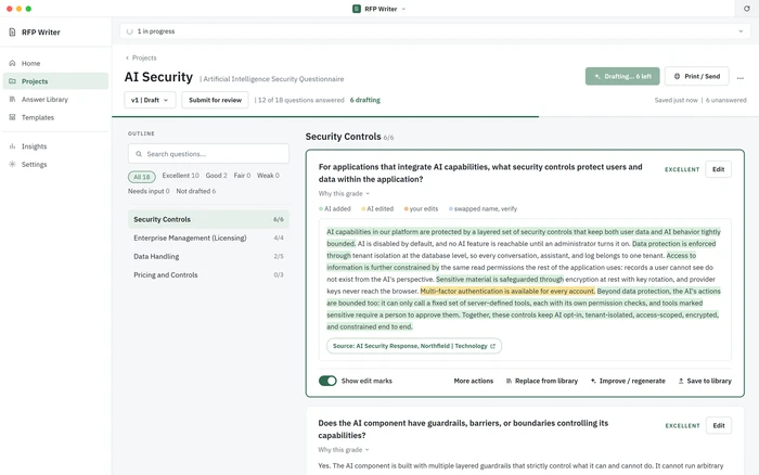RFP Writer: a security questionnaire being drafted, with each answer graded, AI-added text highlighted, and the source it came from cited, on sample data